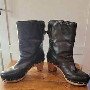 UGG Black Leather Clogs with Wooden Heel